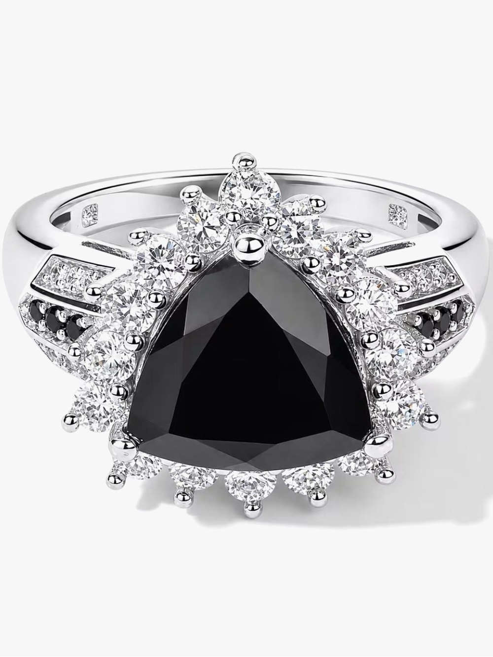 EverTrue Womens Thai Black Spinel/White Zircon Trillion Ring Size 6 New Platinum